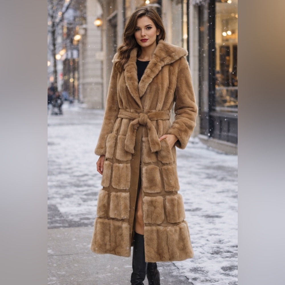 Vintage Tessavel Sheared Mink Fur Coat Belted Long Brown Country Pacer